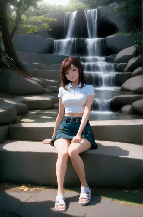 smiling young woman, sitting posed, at natural park, waterfall, rock stairs, (+swept-side bang, long hair, black hair, brown streaked hair, chestnut-brown ombre, 2 colored hair), wear white short sleeves crop polo shirt, navy-blue denim pencil mini skirt (...