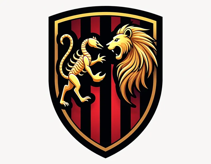  I want a soccer logo with a shield silhouette ,with 2 borders , el ultimo negro y el penultimo red.  That inside the logo there is a golden scorpion looking at the head of a roaring golden lion.  Color Palette : dorado, red,  black and white .  Details wi...