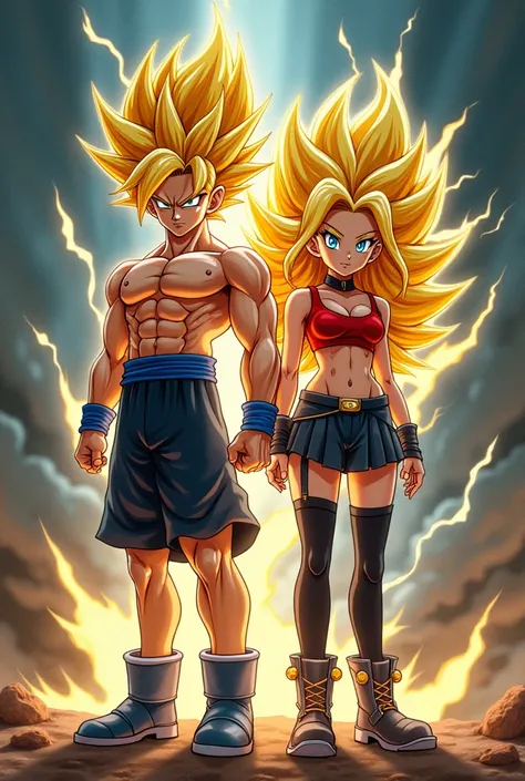 Super saiyan boy dbz style, thigh shorts, tank top, next to super saiyan girl with skirt black stockings boots and red top 