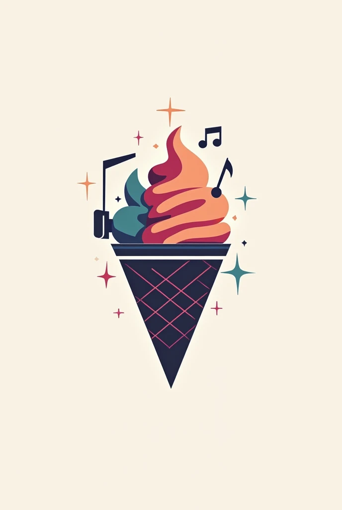 Design a flat, minimalist logo mark for Retro Beats Creamery, a retro-themed ice cream brand. Create a clean and geometric design by combining an ice cream cone with retro music elements. The cone should have a subtle grid pattern, reminiscent of 80s synth...