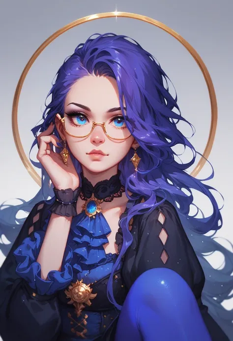  Give me a cool-looking woman ,  blue eyes with gold lenses , long purple loose hair ,  wearing a blue blouse and a short black skirt,  gothic style blue tights ,  adjusting her gold lenses .