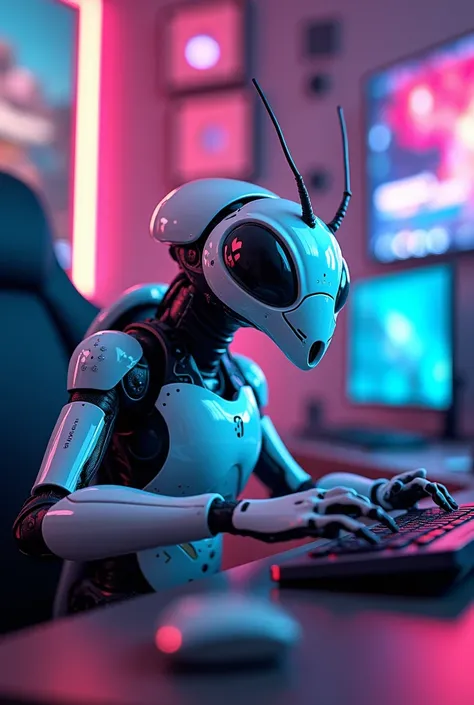 Fire ant in white glossy futuristic cyborg custume playing gta 6 in gaming room,cyan and pink neon lights