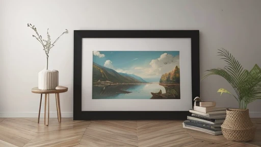 A painting is hanging on a white wall, the frame is natural but a bit antique, landscape orientation, the mat inside the frame is cut at a 16:9 ratio, there is no picture inside, it is completely black,