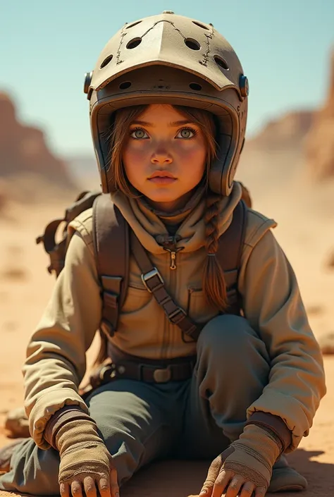 a rider girl wearing helmet sitting on the dust ground