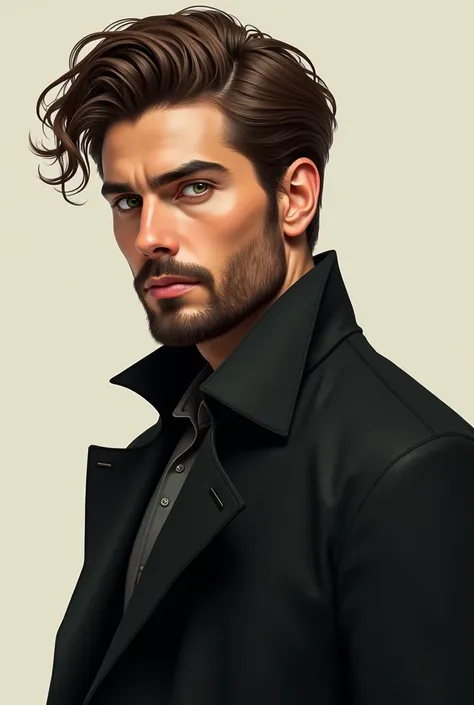 an illustration of a young handsome man, has a beard, green eyes and brown hair. Hes wearing a long black jacket