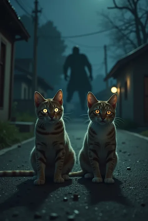 2 cats scared on a road of village at night seeing someone 