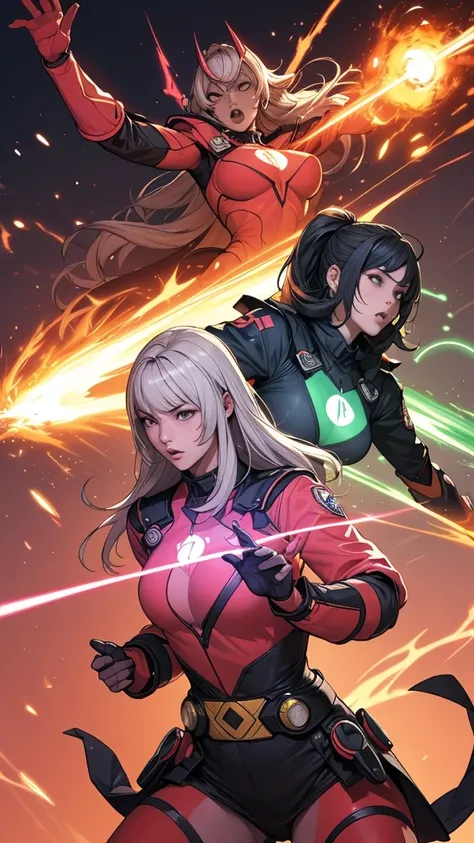 A brave and daring image of the six-woman Ranger team, Each is decorated with the following vibrant colors:: neon pink, Sunset Orange, Fire engine red, plasma violet, Fluorescent Green, shocking yellow. A dynamic pose with a background that oozes energy an...