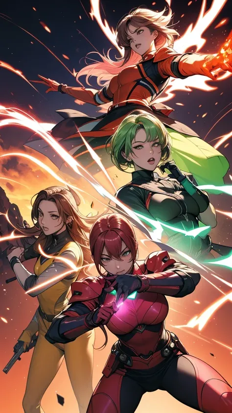 A brave and daring image of the six-woman Ranger team, Each is decorated with the following vibrant colors:: neon pink, Sunset Orange, Fire engine red, plasma violet, Fluorescent Green, shocking yellow. A dynamic pose with a background that oozes energy an...