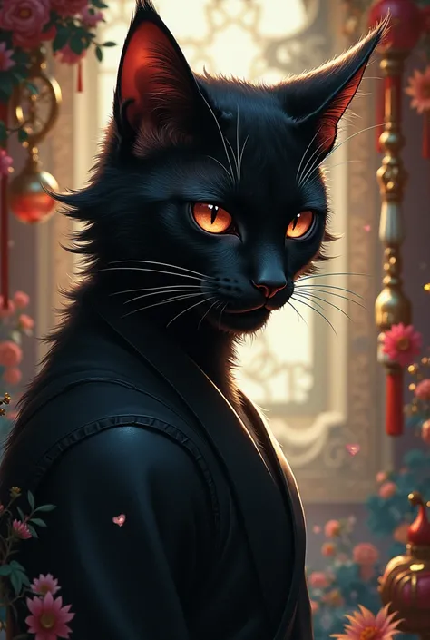 Male character in his 20s or older who is a good-looking, sharp, and handsome cat with dark, dreamy, and colorful trinkets in a historical drama style and looks somewhat threatening and gentle