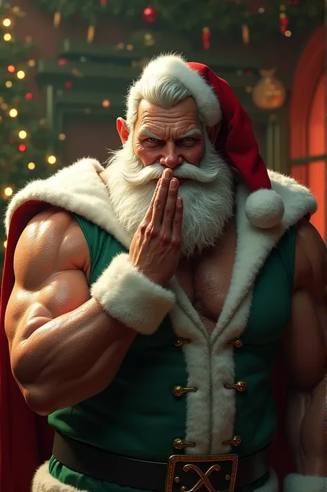  The picture shows a muscular Santa Claus from the eye .  He should wear a light green shirt and a round beard .  Santa Claus is opposite in the picture and sends a kiss to the viewer of the picture with his hand.  His arms should show blood vessels and ha...