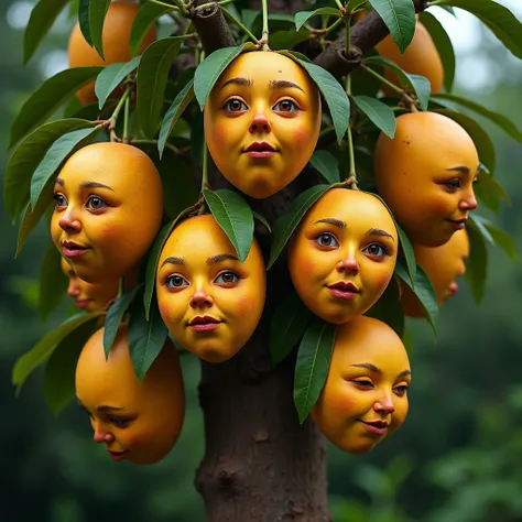 A real up tree has some mangoes in the shape of real human heads with faces, noses and eyes, 4k quality picture.