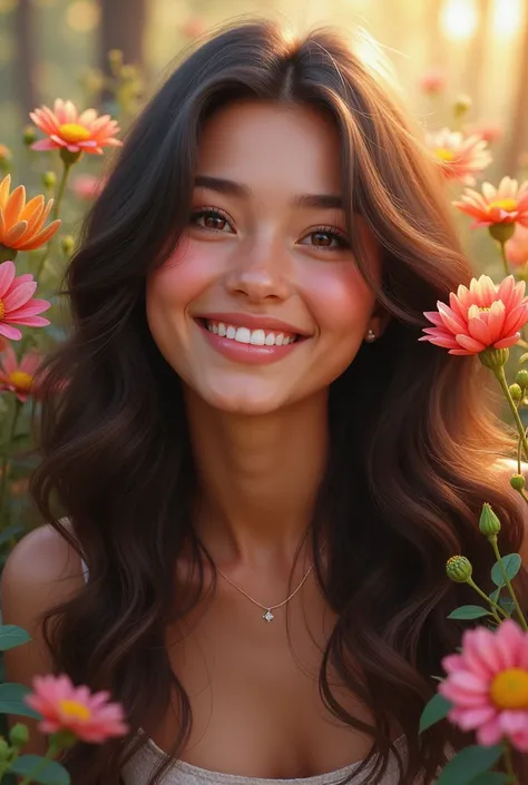 Long Hair, with beautiful smile with flower background 