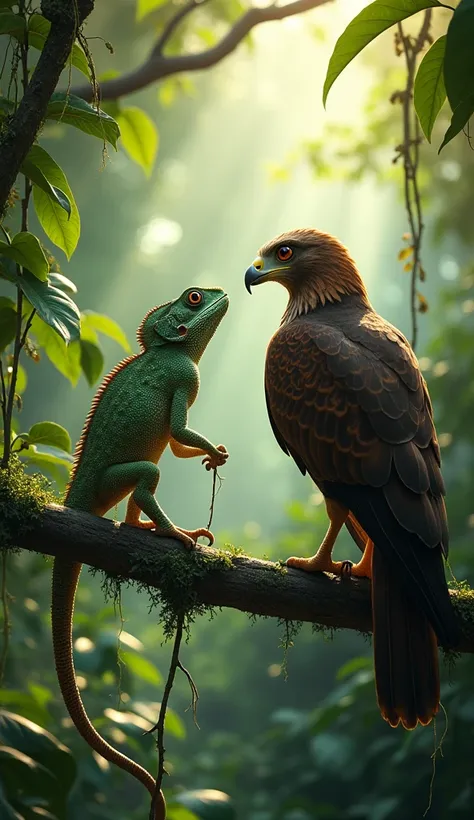 "Depict a full-body encounter between a hawk and a chameleon in a dense, tropical jungle. The hawk, with its sharp talons, powerful wings, and piercing eyes, stands confidently on a moss-covered branch, feathers slightly ruffled as if ready to strike. Oppo...