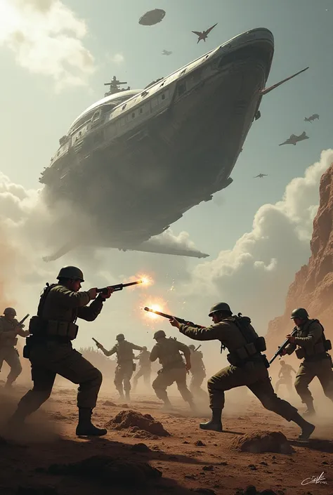 Humans at war with each other over land with a space ship hovering over the battlefield 