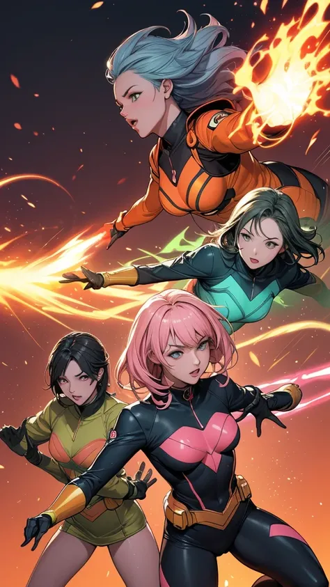 A brave and daring image of the six-woman Ranger team, Each is decorated with the following vibrant colors:: neon pink, Sunset Orange, Fire engine red, plasma violet, Fluorescent Green, shocking yellow. A dynamic pose with a background that oozes energy an...