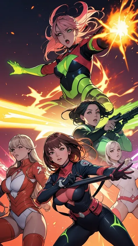 A brave and daring image of the six-woman Ranger team, Each is decorated with the following vibrant colors:: neon pink, Sunset Orange, Fire engine red, plasma violet, Fluorescent Green, shocking yellow. A dynamic pose with a background that oozes energy an...