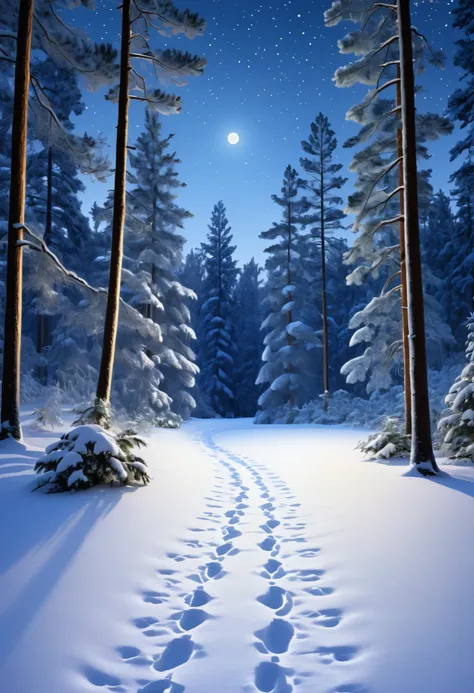 "Create a serene winter scene featuring footprints in the snow, leading through a quiet, snow-covered forest. The footprints should look detailed and realistic, gradually fading into the distance. Surrounding the trail, tall pine trees are dusted with snow...