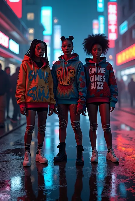 ((masterpiece, highest quality, Highest image quality, High resolution, Extremely detailed photography, 8k wallpaper)), 3 lady rapper on the street, futuristic hoodie , mixed races (Asian, Caucasian, African), dark, standing apart , dynamic pose, neon ligh...