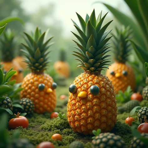 There are some pineapples in a pineapple garden, they are real human head shapes with faces, noses, eyes, 4k quality picture.