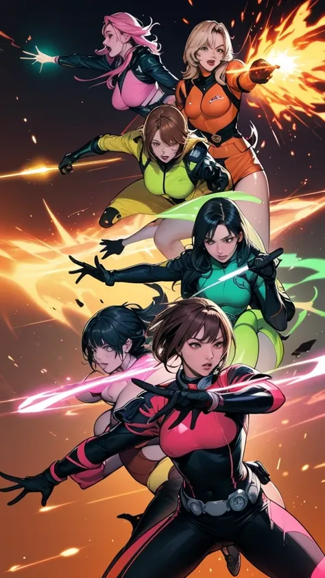 A brave and daring image of the six-woman Ranger team, Each is decorated with the following vibrant colors:: neon pink, Sunset Orange, Fire engine red, plasma violet, Fluorescent Green, shocking yellow. A dynamic pose with a background that oozes energy an...