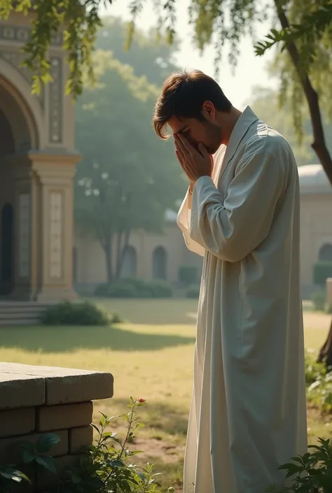 A boy, 22 yr,white dress, crying, wiping eye with his hands,standing beside his beloved girlfriends grave, muslim religious place.