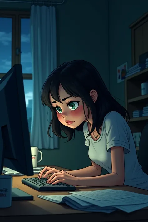 Scene of Ana working at night on her computer, exhausted but determined.