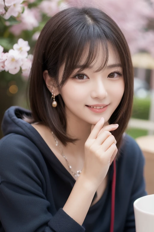  Inhaling Eyes , cute double ,  A mysterious woman enjoying chiffon cake at a cafe,  inside a calm cafe , Light colored medium hair, hairpin,  clothes chosen for a date , Talented , Kind personality,  woman who is very particular about the details ,  detai...