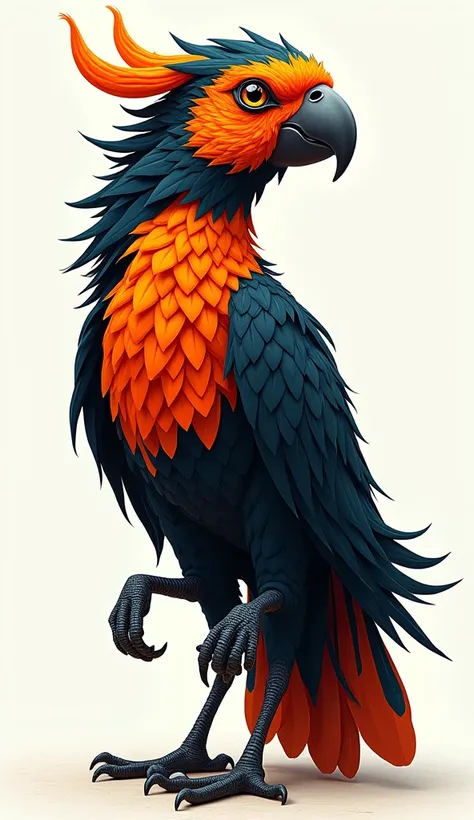 This appears to depict a colorful and vibrant parrot,(black and Orange) likely imagined in a fantastical or artistic style. Its bright feathers and unique patterns create a visually striking representation.