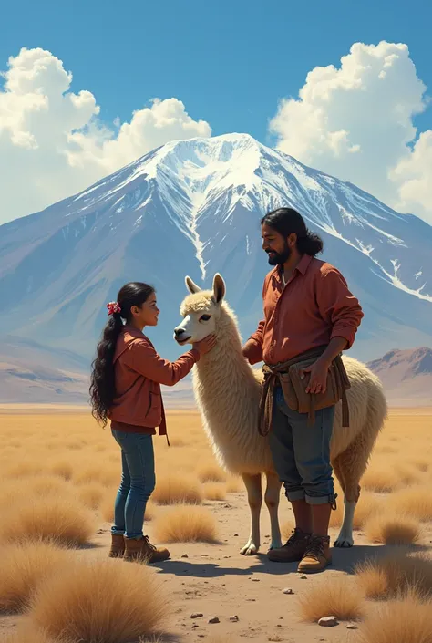 Sofía, a teenager, caresses a vicuña in an Ecuadorian wasteland and in the background are the snowy volcanoes and the blue sky, and next to her an indigenous man guides her. 