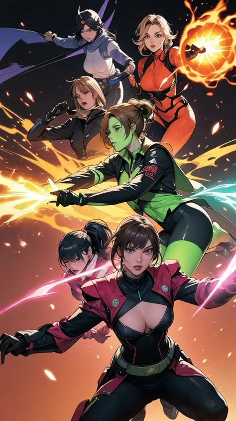 A brave and daring image of the six-woman Ranger team, Each is decorated with the following vibrant colors:: neon pink, Sunset Orange, Fire engine red, plasma violet, Fluorescent Green, shocking yellow. A dynamic pose with a background that oozes energy an...