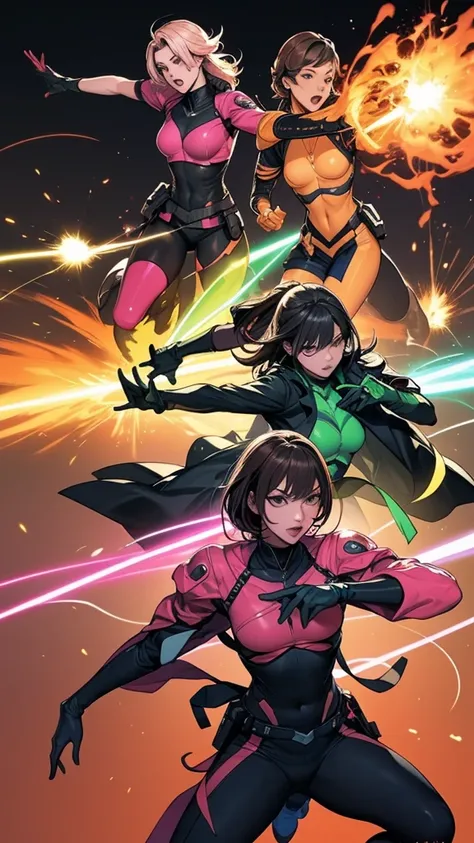 A brave and daring image of the six-woman Ranger team, Each is decorated with the following vibrant colors:: neon pink, Sunset Orange, Fire engine red, plasma violet, Fluorescent Green, shocking yellow. A dynamic pose with a background that oozes energy an...