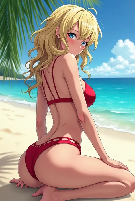  Tatsumaki on the beach in a swimsuit, shy and challenging look ,  with a super highlighted butt , good curves, Bella