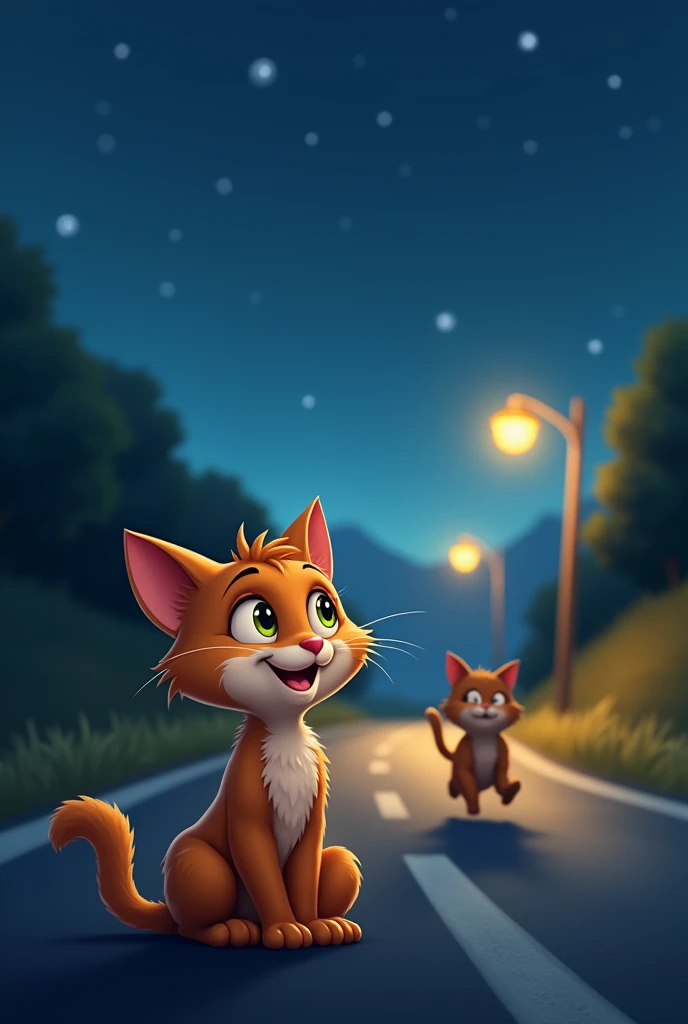 A cartoon cat watching a cat running on night on road 