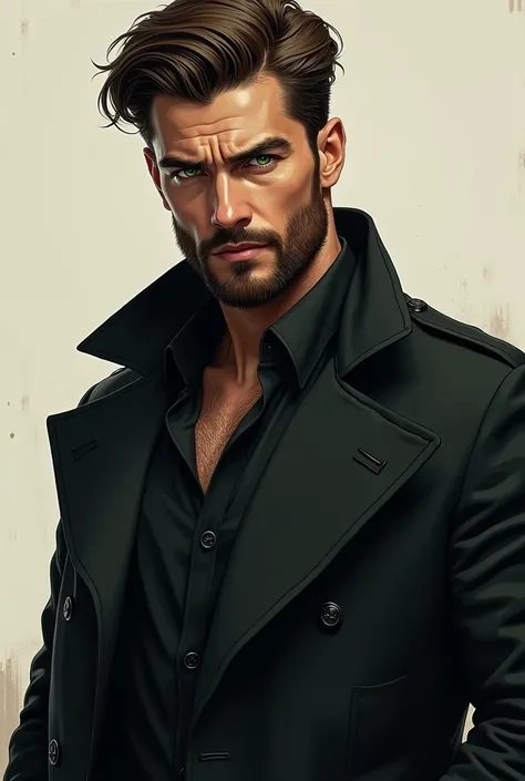 an illustration of a young handsome man, has a beard, green eyes and brown hair. Hes wearing a long black jacket giving mafia vibes