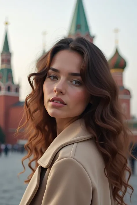 A softly illuminated portrait captures a young woman in a beige coat against the grandeur of Red Square. Her curly hair cascades in gentle waves, enhancing her delicate features highlighted by light nude makeup. The exquisite attention to detail reveals a ...