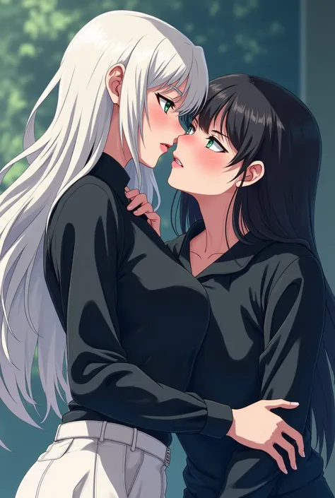  Beautiful mature 2D young woman with long wavy hair , white with pointed bangs on the front  ,  right eye light green left light blue with black eyebrows  , light red lips ,  dressed in a black long-sleeved shirt and loose white pants kissing Killua Zoldi...