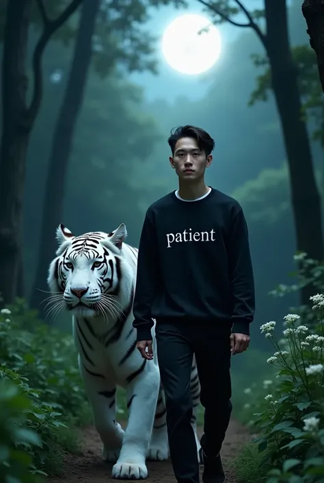  Indonesian man with Korean face  . walking in the middle of the forest . using a black switer  . With writing "patient "  and accompanied by a white tiger with a giant body . night atmosphere .  there is a moonlight  .  on the right side there are flowers...