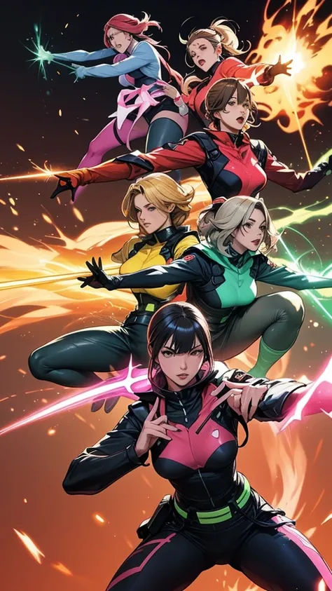 A brave and daring image of the six-woman Ranger team, Each is decorated with the following vibrant colors:: neon pink, Sunset Orange, Fire engine red, plasma violet, Fluorescent Green, shocking yellow. A dynamic pose with a background that oozes energy an...