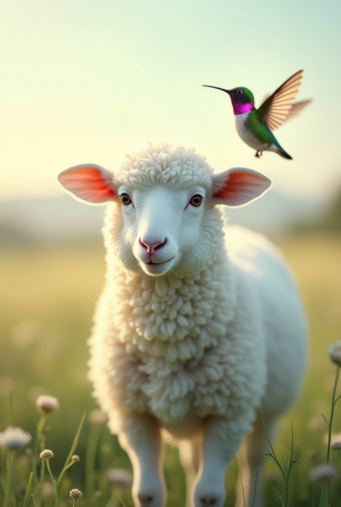 A beautiful sheep , white,  eyes of tenderness guided by Jesus and in the distance you can see a hummingbird 

