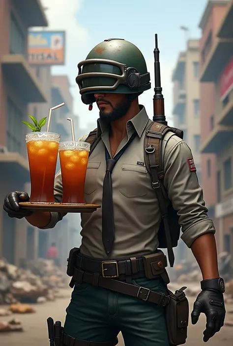 Create a picture of a PUBG MOBILE character wearing a war helmet while selling iced tea carried over his head 