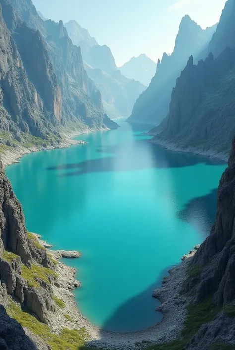 A huge round turquoise-colored lake with huge stone mountains surrounding it 