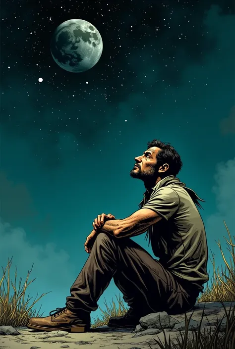 Homo sapiens thinking while looking at the starry sky.In the form of a comic book but in vagrant clothes 