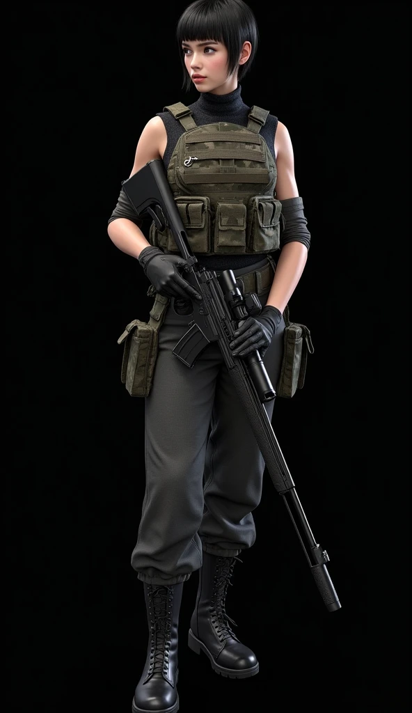 (masterpiece), (realistic), beautiful 20-year-old female with a Dragunov sniper rifle, full body, (perfect beautyful face), (((caucasian race))), [[[asian race]]], (Audrey Hepburns face), (large breasts:1.5), (dragunov sniper rifle:1.4), black pixie cut ha...