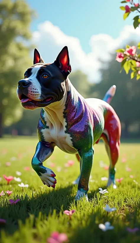 **Detailed Prompt:**  
"A highly realistic hybrid creature that merges the physical features of an American Pitbull with the vibrant, translucent appearance of colorful jelly. The creature retains the muscular build and distinctive head shape of a pitbull ...