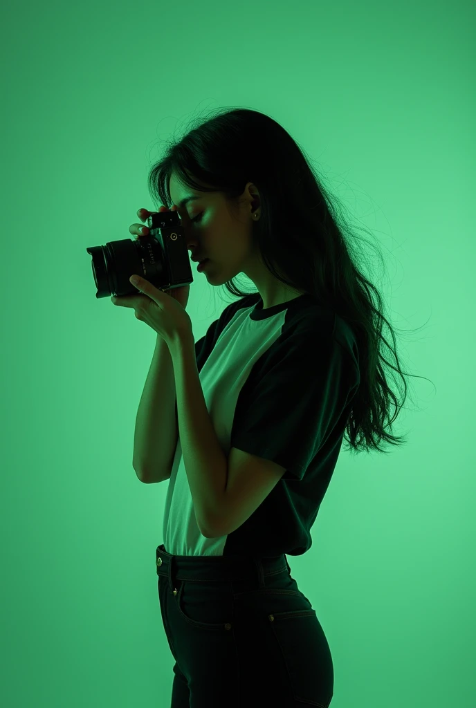  a woman with long black hair, wearing a black white shirt  ,standing dynamic pose holding camera.
half body

plain green background 