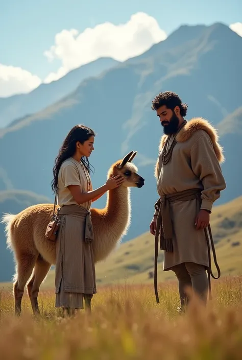 Sofía, an adult, caresses a vicuña in an Ecuadorian paramo and the mountainous background and the blue sky, and next to her, an indigenous Ecuadorian man guides her. 