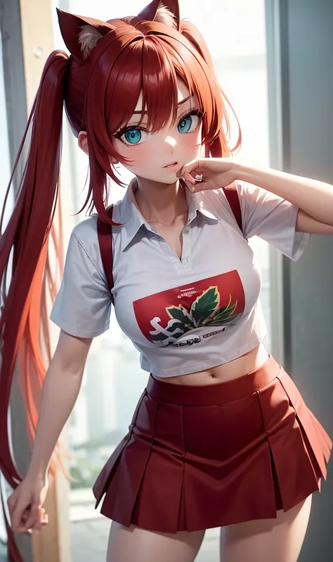  green eyes ,  red hair, bandana,  long hair, red stripe, twintails,  hair between the eyes, ( small breasts:1.2), to break bike shorts, collared shirt, shezfe , microskirt, multicolored shirt, pencil skirt, red shirt, shirt,  short sleeves , skirt, white ...