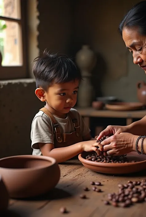 Peruvian boy preparing chocolate with his grandmother 