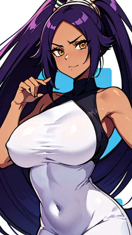 Yoruichi has large breasts and she has a cute face 