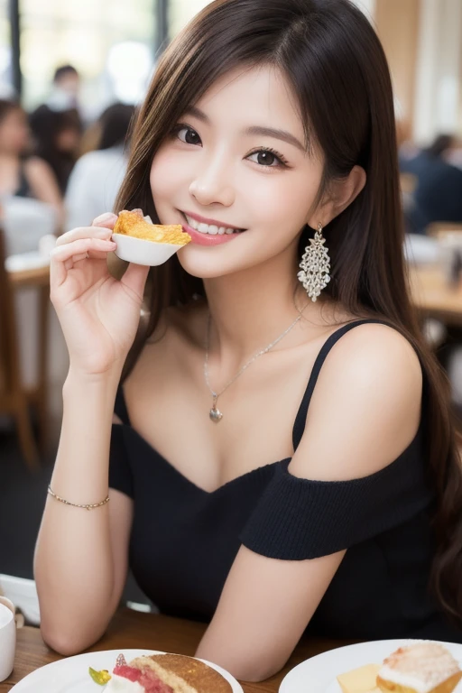  Inhaling Eyes , cute double ,  mystery woman enjoying chiffon cake at cafe,  inside a calm cafe , Light colored medium hair, hairpin,  clothes chosen for a date , Talented , Kind personality,  woman who is very particular about the details ,  detailed hai...